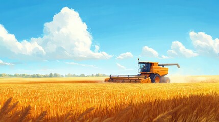 Obraz premium Farmer harvesting wheat with a combine in golden fields under a clear blue sky.