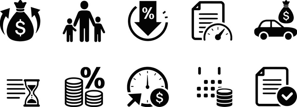Set of simple black icons illustrating finance savings family time and transactions