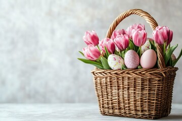 Obraz premium Spring Easter Basket Filled with Tulips and Eggs