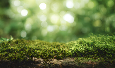 Lush green moss covering a wooden log under soft sunlight in a serene forest setting