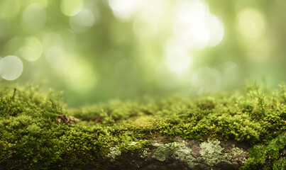Fototapeta premium Lush green moss covering a wooden log under soft sunlight in a serene forest setting