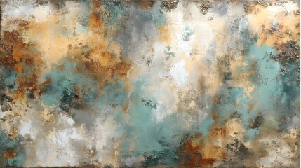 A large abstract painting features textured earthy tones of teal beige brown and gray creating a calming atmospheric landscape.