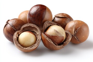 Close-up of macadamia nuts.  Several whole and cracked nuts are visible, showcasing the light-colored nutmeat inside the dark-brown shells