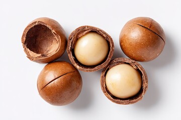 Macadamia nuts, whole and halves,  on white background