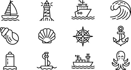 Line art nautical elements depicting sailboats lighthouses ships seashells and octopus.