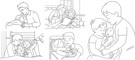 Loving family scenes of parents reading books and nurturing children in black and white