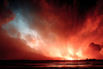 Obraz premium Fiery Night Sky: A dramatic, fiery expanse of clouds dominates the night sky, reflecting on a calm body of water, with distant silhouettes of structures and a hint of stars.