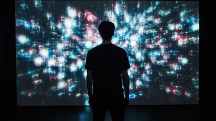 Person contemplates digital cityscape