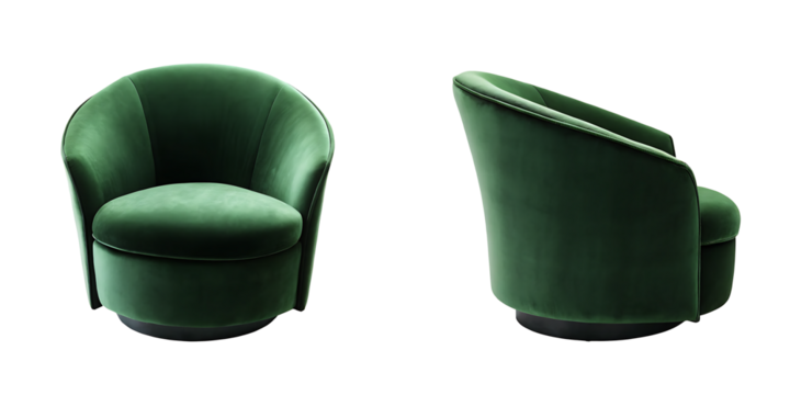 Elegant green velvet armchair displayed in front and side views against a white background