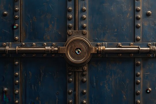 Metal door with ornate lock mechanism