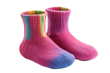 a pair of pink socks with a rainbow stripe