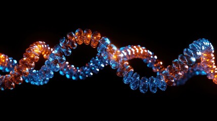 Detailed close-up of a stylized DNA double helix with glowing blue and orange molecular structures against a black background conveying advanced science and technology
