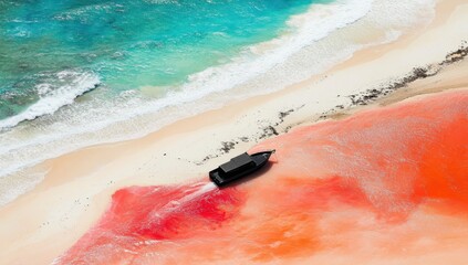 Crimson beach meets turquoise waves. A small black boat rests on a vibrant coral-hued sandbar