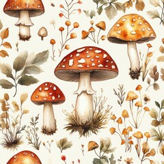 Seamless pattern of various orange and brown mushrooms with white spots surrounded by autumnal leaves and delicate wildflowers creating a warm natural forest vibe
