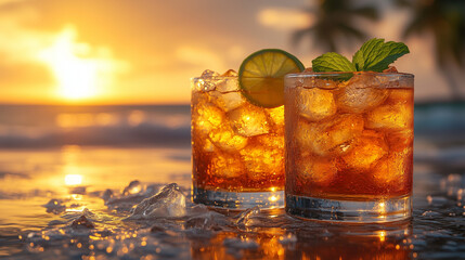 Two refreshing summer cocktails with ice and lime slices on a beach at sunset. Warm tropical vibes, perfect for vacation, summer, travel, resort, and lifestyle themes.