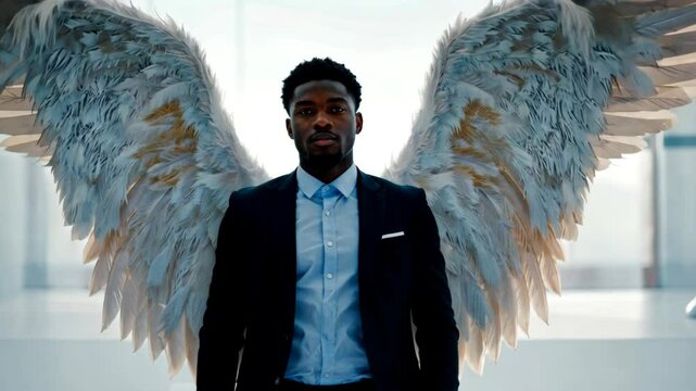 Black man in suit and angel wings with serious look