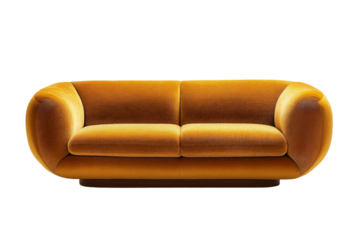 a yellow couch with a black base on a white background