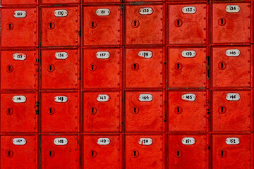 Fototapeta premium Vintage red letter boxes in Taiping old town, Perak, Malaysia