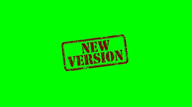 Animated "New Version" rubber stamp seal with bold red text on a green screen chroma key background for highlighting updated software, revised products and app updates