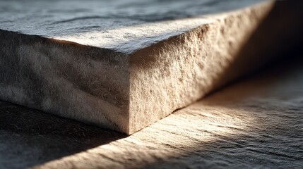 A close-up view reveals the textured surface of a light gray stone block illuminated by a soft sunlight beam creating dramatic shadows.
