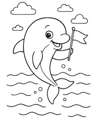 Fototapeta premium Coloring book dolphin leaps from the waves holding a small flag under the clouds