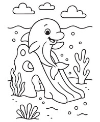 Coloring book dolphin slides down a coral slide underwater with seaweed and bubbles
