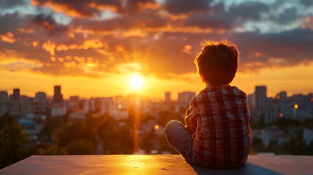 Boy Watches Sunset Over City Skyline