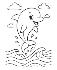 Coloring book dolphin leaps out of the wavy ocean under fluffy clouds
