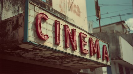 Fototapeta premium A vintage cinema sign with weathered red letters stands against an old building, evoking nostalgia and the golden era of film.