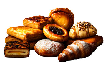 Varied selection of pastries displayed on a transparent background