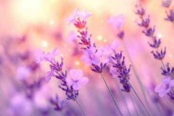 Naklejka premium Close-up of delicate purple flowers glowing softly in warm, dreamy light creating a peaceful and enchanting atmosphere