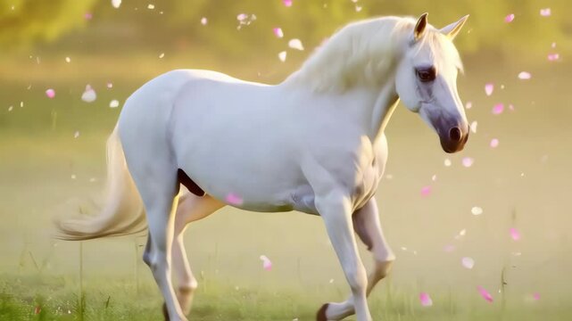 A white unicorn galloping through a misty meadow under soft golden light, petals floating in the air, dreamy handheld camera