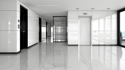 Modern Office Interior with Glass Walls and Polished Floor, Minimalist Design Aesthetic