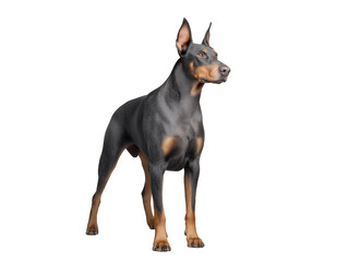 Doberman Pinscher with black and tan coat standing alert on transparent background