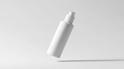 A white bottle of perfume is shown in mid-air