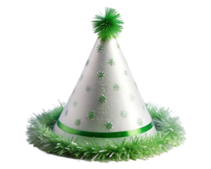 Festive white party hat adorned with green accents and snowflake decorations isolated on black