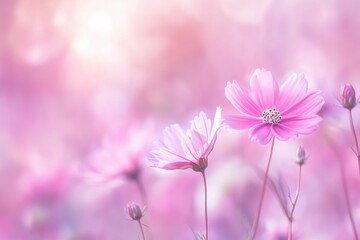 Fototapeta premium Soft Pink Cosmos Flowers Delicate Bloom Spring Pastel Nature Photography Light Image Field Floral 