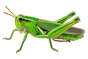 Fototapeta premium Detailed side view of a green grasshopper in a dynamic vibrant environment, isolated on transparent background