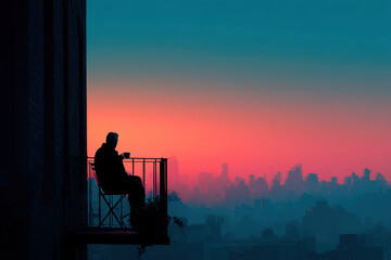 Person sitting on balcony, watching sunset.