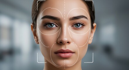Womans face with facial recognition lines
