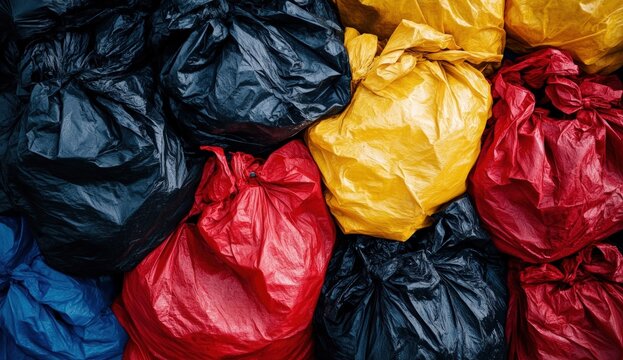 Colorful plastic bags overflowing a pile of refuse