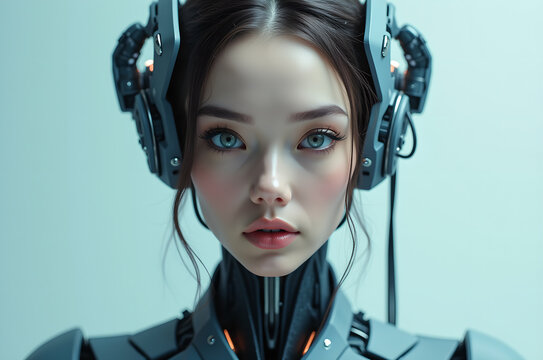 female cosplay in cyberpunk Synthwave technology background cyborg robotic.in bright blue tones female cyberpunk.2045-2077.generative ai