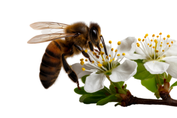Busy bee pollinating white flowers on a spring day