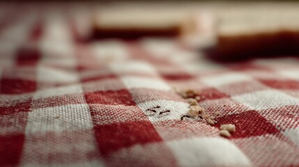 Ants explore crumbs on a red and white checkered picnic blanket, creating a scene of curiosity, nature, and everyday outdoor life.