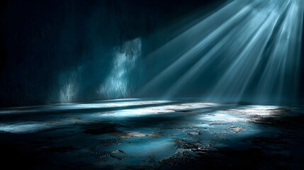 Fototapeta premium A dramatic dark blue studio background features ethereal light beams illuminating a textured floor perfect for product displays or moody designs.