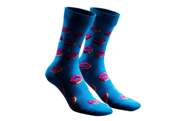 Colorful donut pattern socks with bright blue background