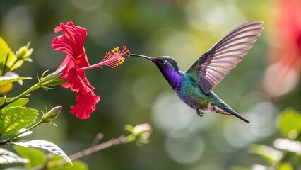 Fototapeta premium A photograph of a solitary vibrant violet hummingbird hovering near blossoms.