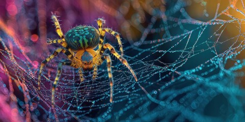 Vibrant spider on a glistening web detail