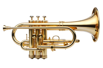 Obraz premium Gleaming golden trumpet isolated on black background musical instrument design element