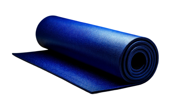 Yoga mat rolled up in deep blue color with a smooth texture